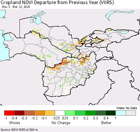 Central Asia Cropland NDVI Departure from Previous Year (VIIRS) Thematic Map For 3/5/2024 - 3/12/2024