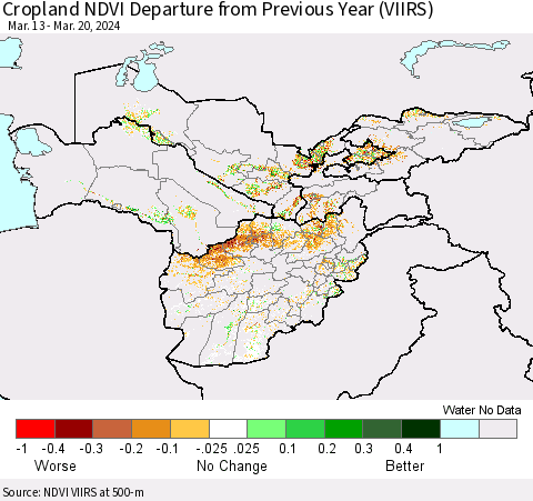 Central Asia Cropland NDVI Departure from Previous Year (VIIRS) Thematic Map For 3/13/2024 - 3/20/2024