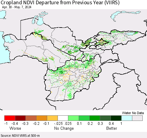 Central Asia Cropland NDVI Departure from Previous Year (VIIRS) Thematic Map For 4/30/2024 - 5/7/2024