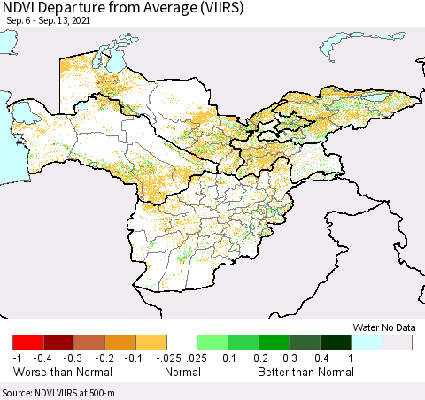 Central Asia NDVI Departure from Average (VIIRS) Thematic Map For 9/6/2021 - 9/13/2021