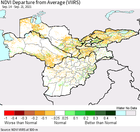 Central Asia NDVI Departure from Average (VIIRS) Thematic Map For 9/14/2021 - 9/21/2021