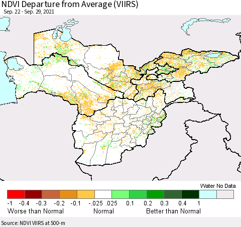 Central Asia NDVI Departure from Average (VIIRS) Thematic Map For 9/22/2021 - 9/29/2021