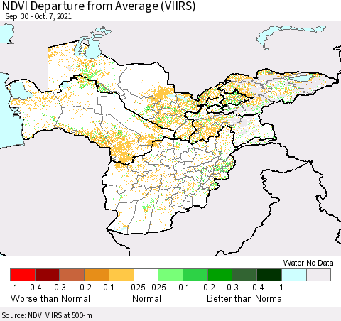 Central Asia NDVI Departure from Average (VIIRS) Thematic Map For 9/30/2021 - 10/7/2021
