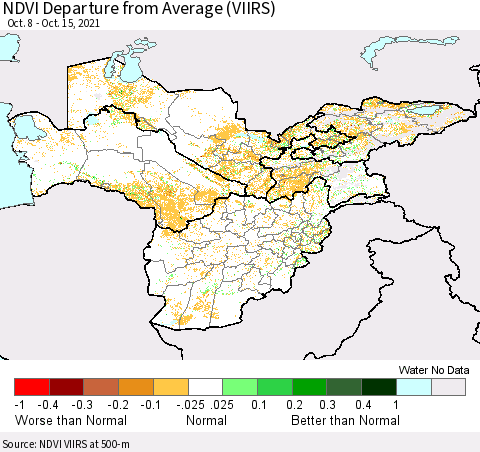 Central Asia NDVI Departure from Average (VIIRS) Thematic Map For 10/8/2021 - 10/15/2021