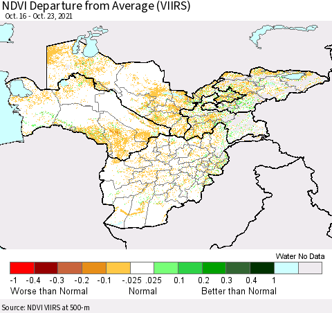 Central Asia NDVI Departure from Average (VIIRS) Thematic Map For 10/16/2021 - 10/23/2021