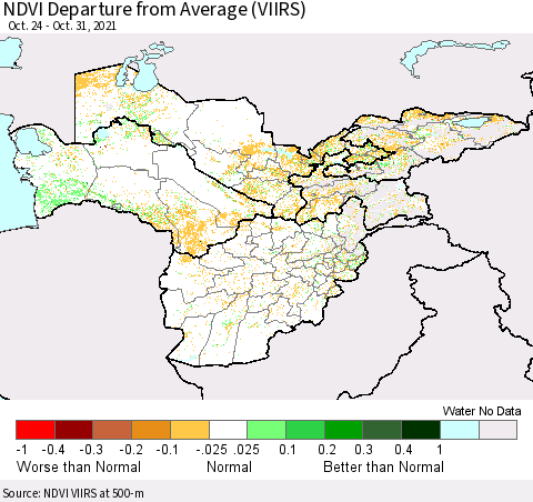 Central Asia NDVI Departure from Average (VIIRS) Thematic Map For 10/24/2021 - 10/31/2021