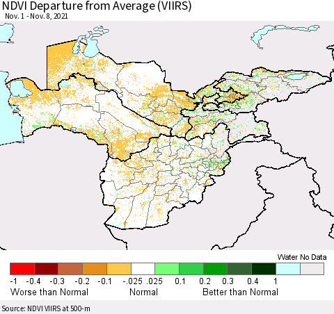 Central Asia NDVI Departure from Average (VIIRS) Thematic Map For 11/1/2021 - 11/8/2021