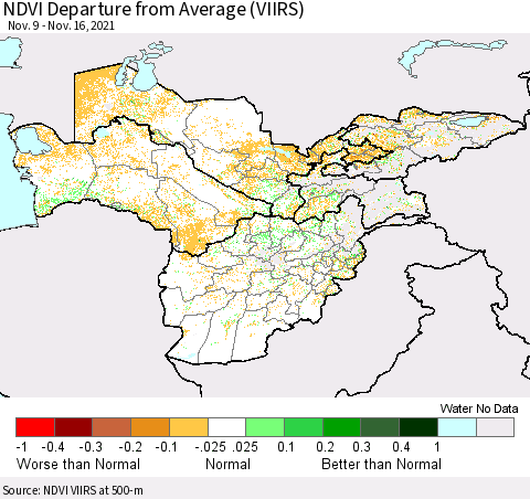 Central Asia NDVI Departure from Average (VIIRS) Thematic Map For 11/9/2021 - 11/16/2021