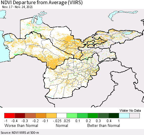 Central Asia NDVI Departure from Average (VIIRS) Thematic Map For 11/17/2021 - 11/24/2021