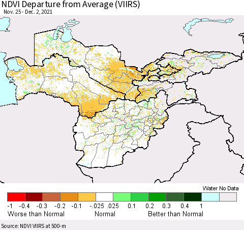 Central Asia NDVI Departure from Average (VIIRS) Thematic Map For 11/25/2021 - 12/2/2021