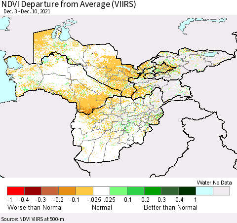 Central Asia NDVI Departure from Average (VIIRS) Thematic Map For 12/3/2021 - 12/10/2021