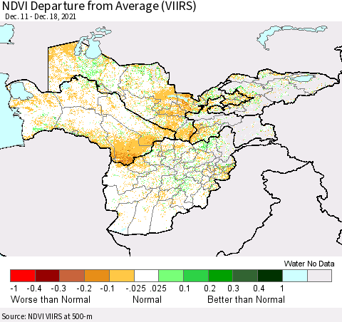Central Asia NDVI Departure from Average (VIIRS) Thematic Map For 12/11/2021 - 12/18/2021