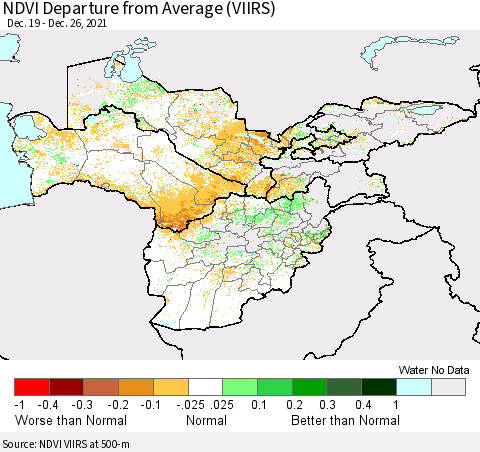 Central Asia NDVI Departure from Average (VIIRS) Thematic Map For 12/19/2021 - 12/26/2021