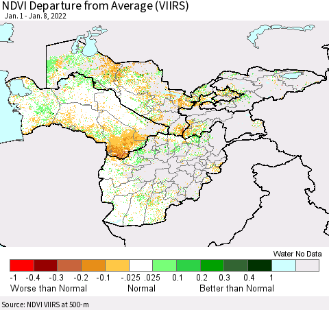 Central Asia NDVI Departure from Average (VIIRS) Thematic Map For 1/1/2022 - 1/8/2022