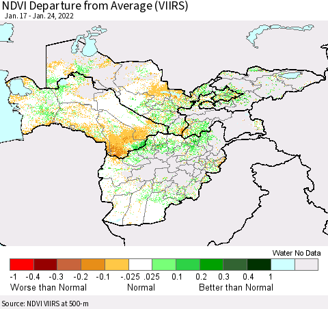 Central Asia NDVI Departure from Average (VIIRS) Thematic Map For 1/17/2022 - 1/24/2022