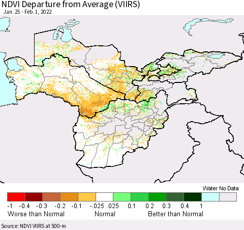 Central Asia NDVI Departure from Average (VIIRS) Thematic Map For 1/25/2022 - 2/1/2022