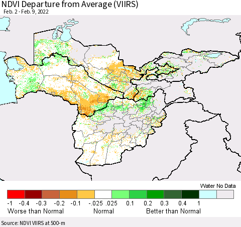 Central Asia NDVI Departure from Average (VIIRS) Thematic Map For 2/2/2022 - 2/9/2022