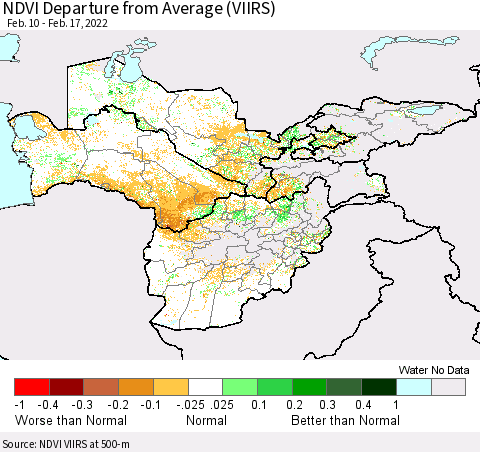 Central Asia NDVI Departure from Average (VIIRS) Thematic Map For 2/10/2022 - 2/17/2022