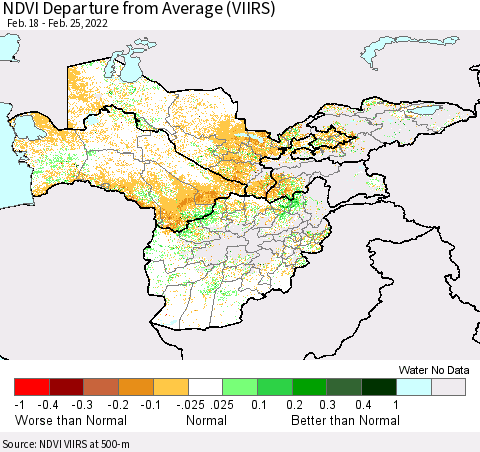 Central Asia NDVI Departure from Average (VIIRS) Thematic Map For 2/18/2022 - 2/25/2022