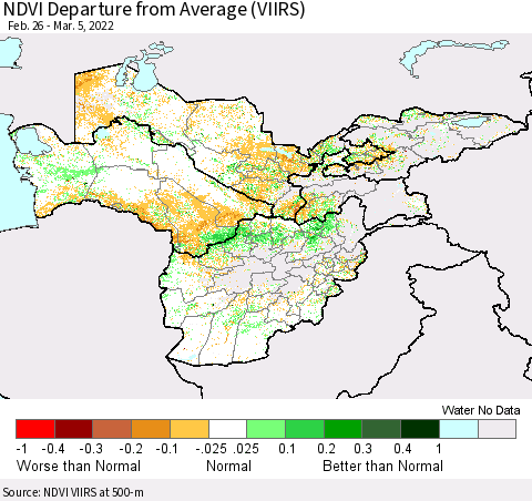 Central Asia NDVI Departure from Average (VIIRS) Thematic Map For 2/26/2022 - 3/5/2022