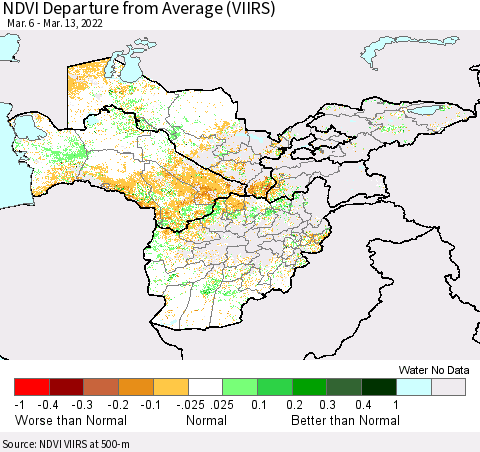 Central Asia NDVI Departure from Average (VIIRS) Thematic Map For 3/6/2022 - 3/13/2022
