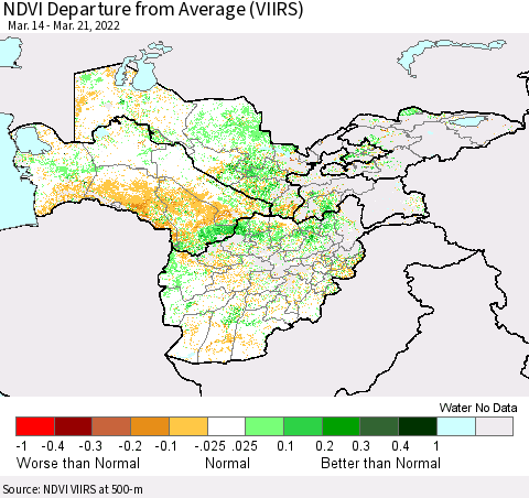 Central Asia NDVI Departure from Average (VIIRS) Thematic Map For 3/14/2022 - 3/21/2022