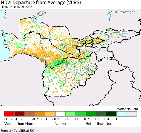 Central Asia NDVI Departure from Average (VIIRS) Thematic Map For 3/22/2022 - 3/29/2022