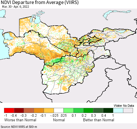 Central Asia NDVI Departure from Average (VIIRS) Thematic Map For 3/30/2022 - 4/6/2022