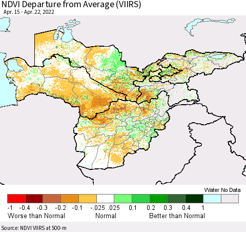Central Asia NDVI Departure from Average (VIIRS) Thematic Map For 4/15/2022 - 4/22/2022