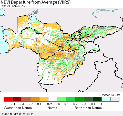 Central Asia NDVI Departure from Average (VIIRS) Thematic Map For 4/23/2022 - 4/30/2022