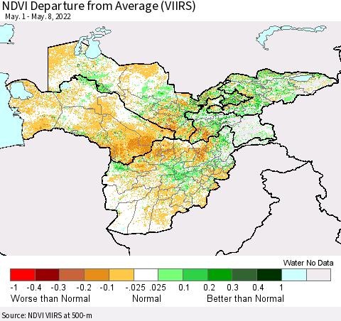 Central Asia NDVI Departure from Average (VIIRS) Thematic Map For 5/1/2022 - 5/8/2022
