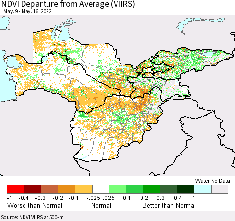 Central Asia NDVI Departure from Average (VIIRS) Thematic Map For 5/9/2022 - 5/16/2022