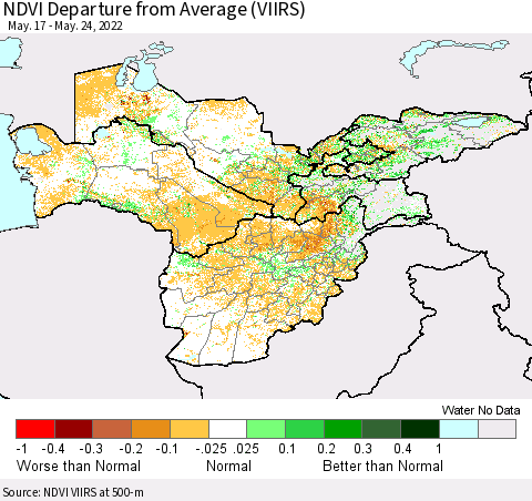 Central Asia NDVI Departure from Average (VIIRS) Thematic Map For 5/17/2022 - 5/24/2022