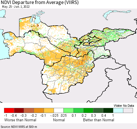 Central Asia NDVI Departure from Average (VIIRS) Thematic Map For 5/25/2022 - 6/1/2022