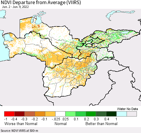 Central Asia NDVI Departure from Average (VIIRS) Thematic Map For 6/2/2022 - 6/9/2022