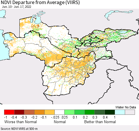 Central Asia NDVI Departure from Average (VIIRS) Thematic Map For 6/10/2022 - 6/17/2022