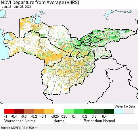 Central Asia NDVI Departure from Average (VIIRS) Thematic Map For 6/18/2022 - 6/25/2022