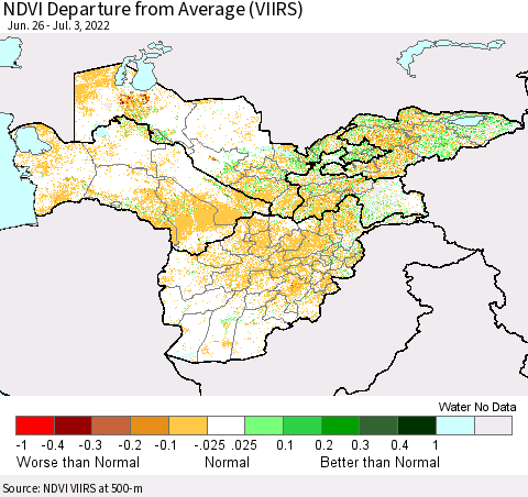 Central Asia NDVI Departure from Average (VIIRS) Thematic Map For 6/26/2022 - 7/3/2022