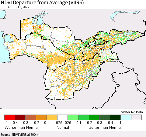 Central Asia NDVI Departure from Average (VIIRS) Thematic Map For 7/4/2022 - 7/11/2022