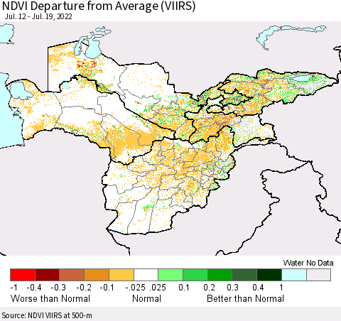 Central Asia NDVI Departure from Average (VIIRS) Thematic Map For 7/12/2022 - 7/19/2022