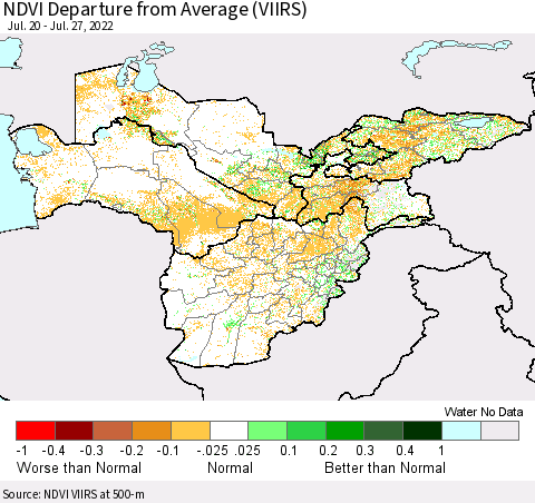 Central Asia NDVI Departure from Average (VIIRS) Thematic Map For 7/20/2022 - 7/27/2022