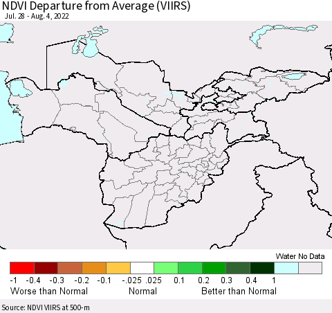 Central Asia NDVI Departure from Average (VIIRS) Thematic Map For 7/28/2022 - 8/4/2022