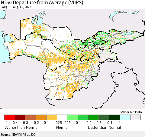 Central Asia NDVI Departure from Average (VIIRS) Thematic Map For 8/5/2022 - 8/12/2022