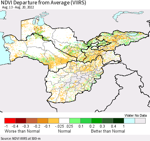 Central Asia NDVI Departure from Average (VIIRS) Thematic Map For 8/13/2022 - 8/20/2022