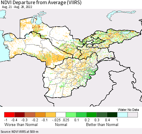 Central Asia NDVI Departure from Average (VIIRS) Thematic Map For 8/21/2022 - 8/28/2022