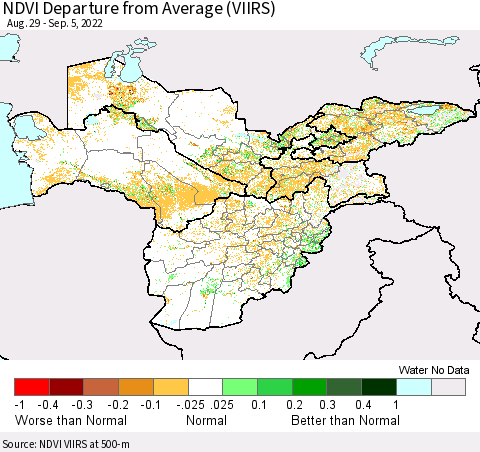 Central Asia NDVI Departure from Average (VIIRS) Thematic Map For 8/29/2022 - 9/5/2022