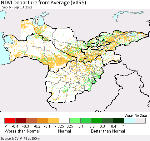 Central Asia NDVI Departure from Average (VIIRS) Thematic Map For 9/6/2022 - 9/13/2022