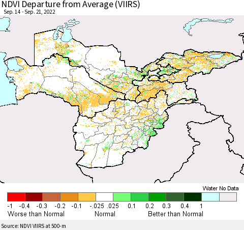 Central Asia NDVI Departure from Average (VIIRS) Thematic Map For 9/14/2022 - 9/21/2022