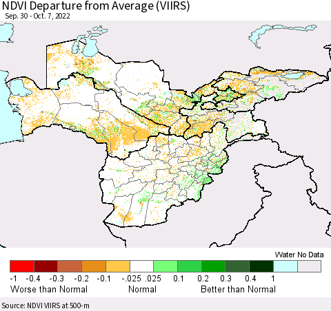 Central Asia NDVI Departure from Average (VIIRS) Thematic Map For 9/30/2022 - 10/7/2022