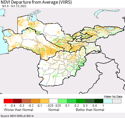 Central Asia NDVI Departure from Average (VIIRS) Thematic Map For 10/8/2022 - 10/15/2022